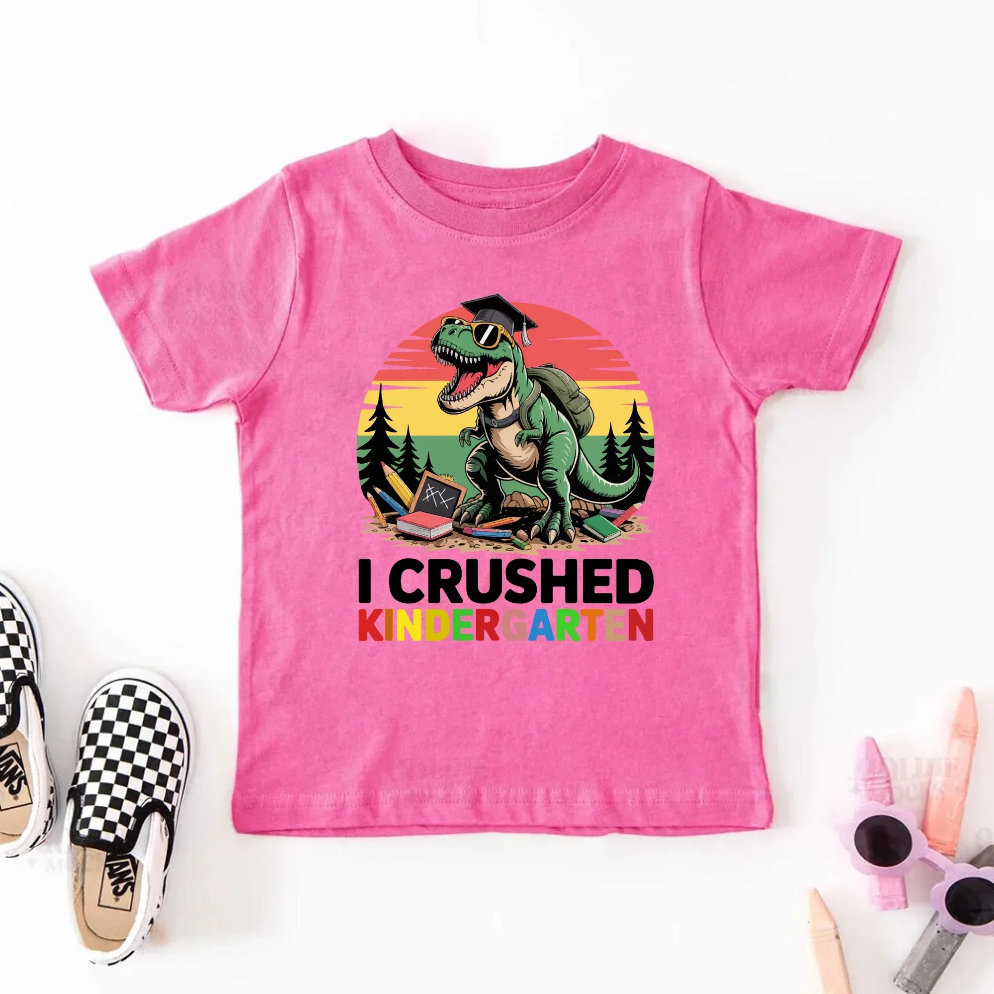 I Crushed Kindergarten T-Rex Dinosaur Graduation T-Shirt for Kids