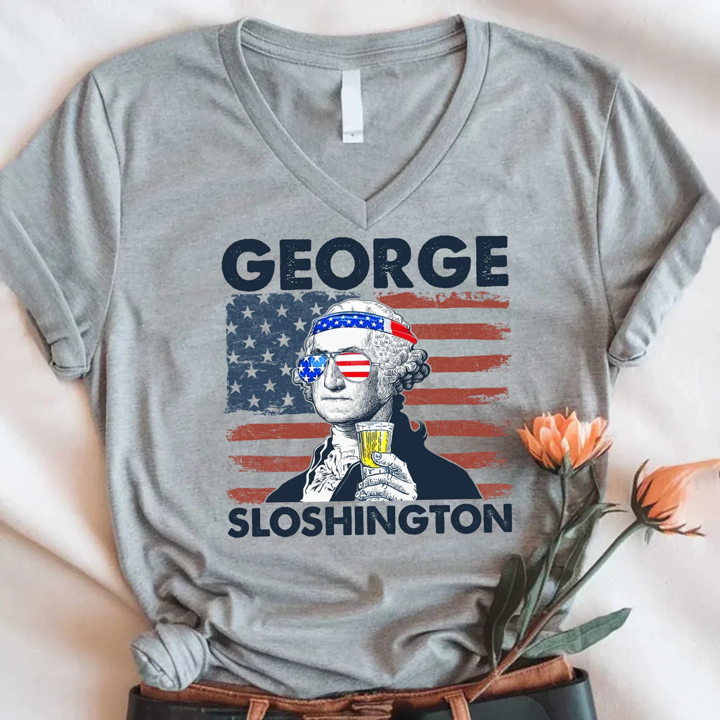 George Sloshington 4th of July Unisex V-Neck Shirt – Washington Drinking Party Tee