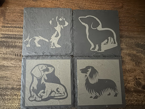 4-Piece Slate Coasters Custom Engraved with Dachshund Silhouettes